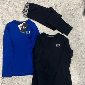 Under Armour Kids' Long Sleeve Tees in Blue and Black YMedium and 1 pant